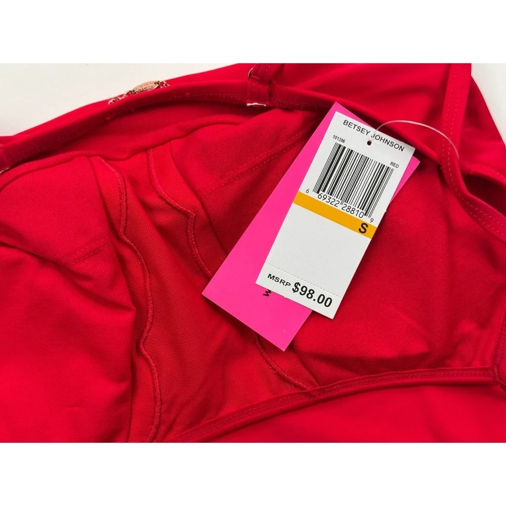 Betsy Johnson One‎ piece Sheer Panel Swim Suit Women S NWT $98 Red Stretch Nylon